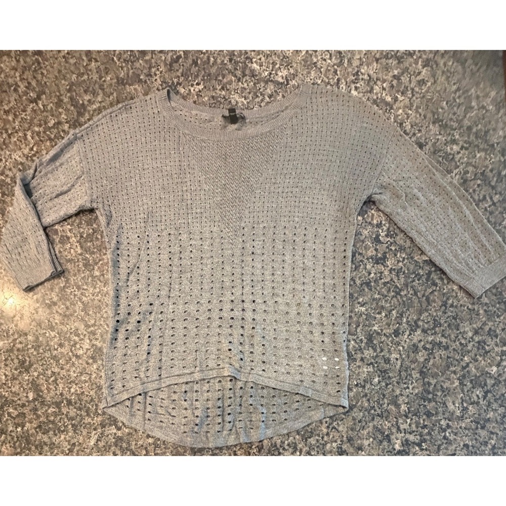 Express Women Medium Gray Open Knit Pointelle 3/4 Sleeve High Low Sweater Rayon